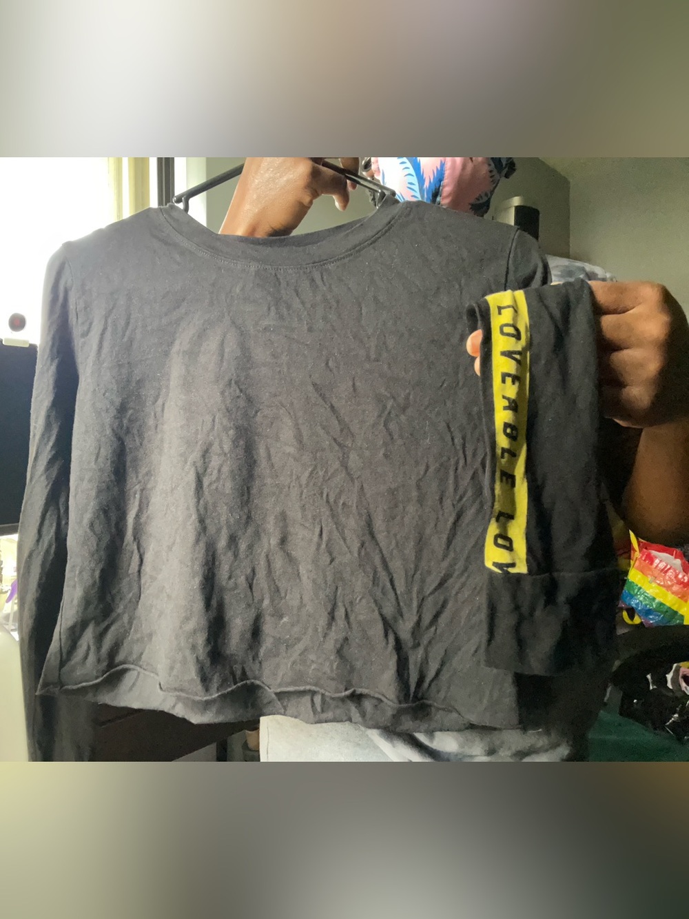 Forever 21 Black Long Sleeve Cropped Tee with Yellow Accent